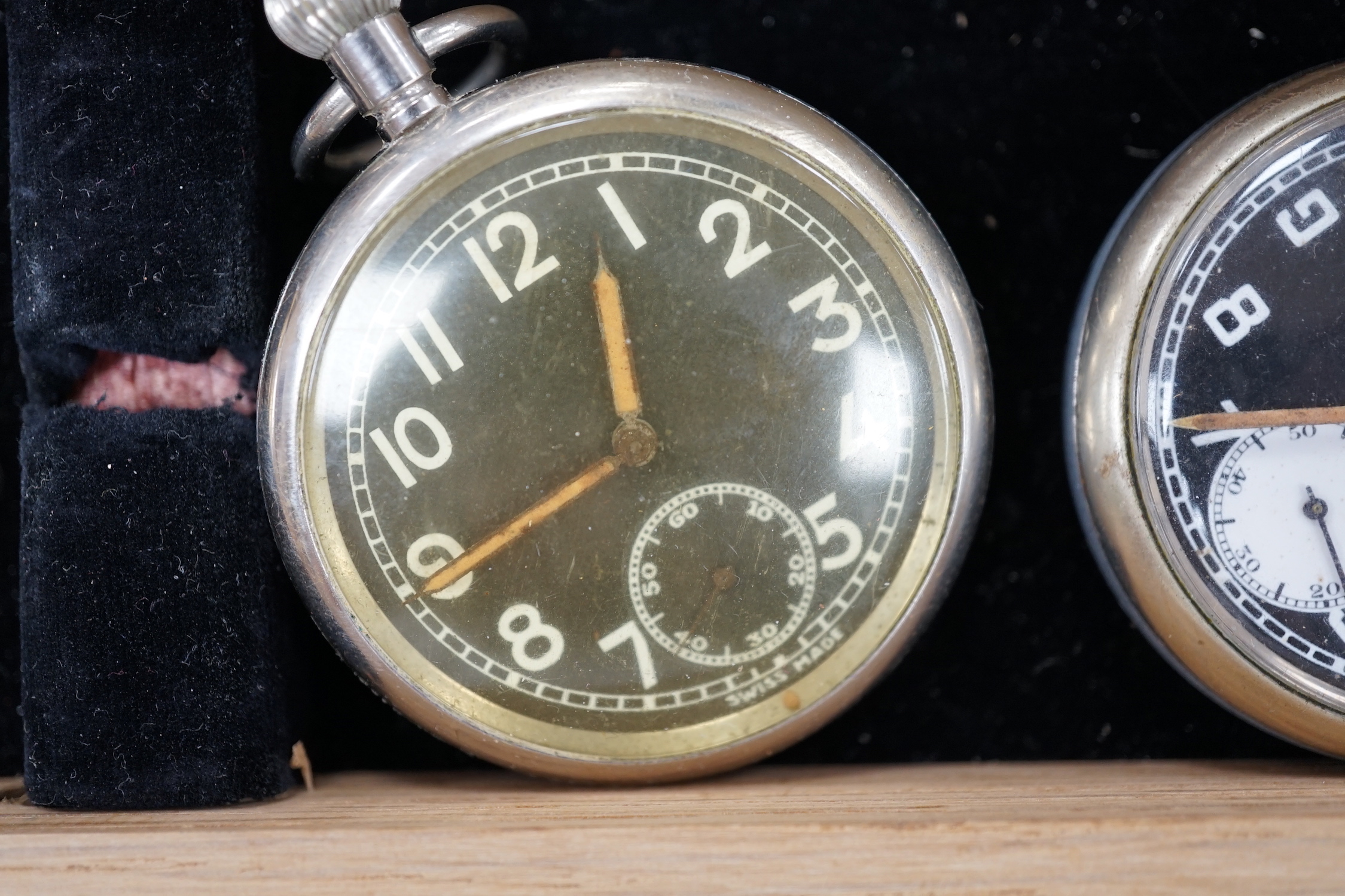 Eight assorted base metal pocket watches including Longines and Acme Lever.